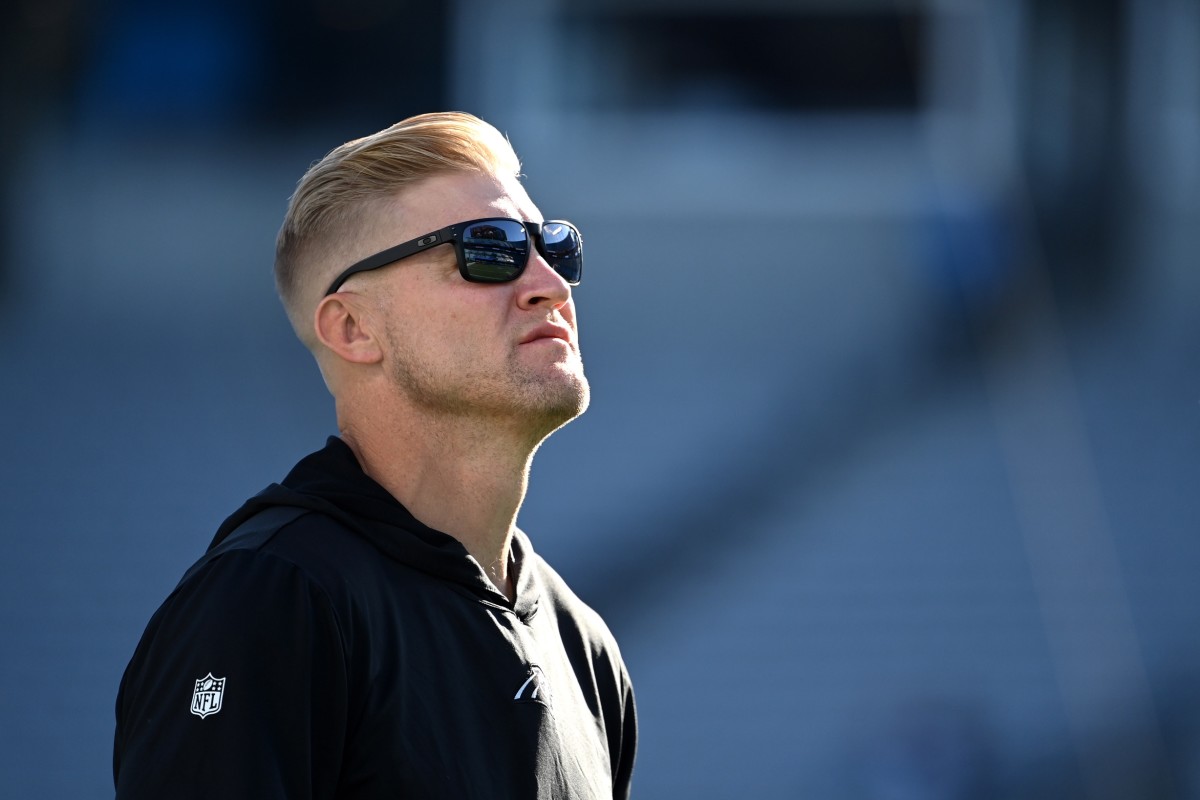 Nov 5, 2023; Charlotte, North Carolina, USA; Carolina Panthers quarterbacks coach Josh McCown on the field before the game at Bank of America Stadium. 